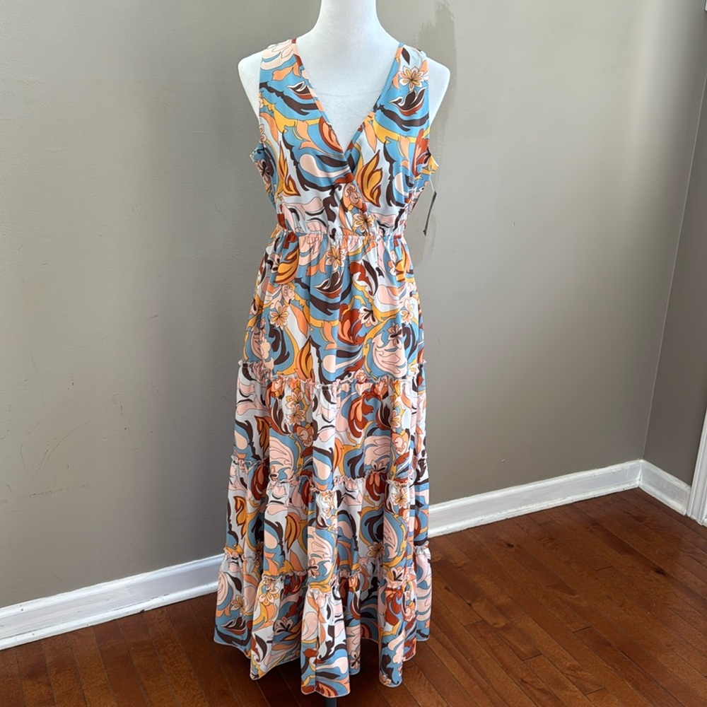 Boston Proper‎ Printed Tiered Midi Multi Color V-Neck Sleeveless Dress Size S - Picture 4 of 12